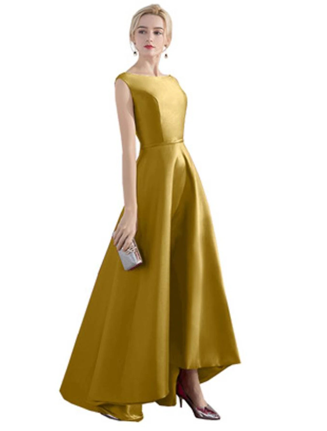 A-line Evening Dress Wedding Guest Party Asymmetric Sleeveless Jewel Neck Satin Fashion
