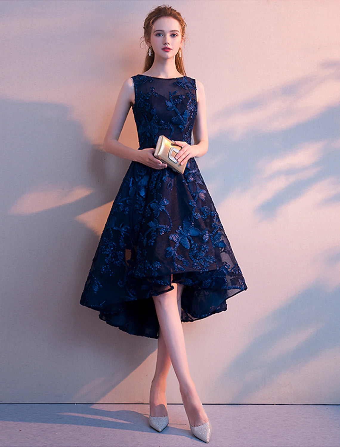 A-line Dress Elegant Wedding Guests Asymmetric Sleeveless Jewel Neck Thin Yarn Fold Pattern Print