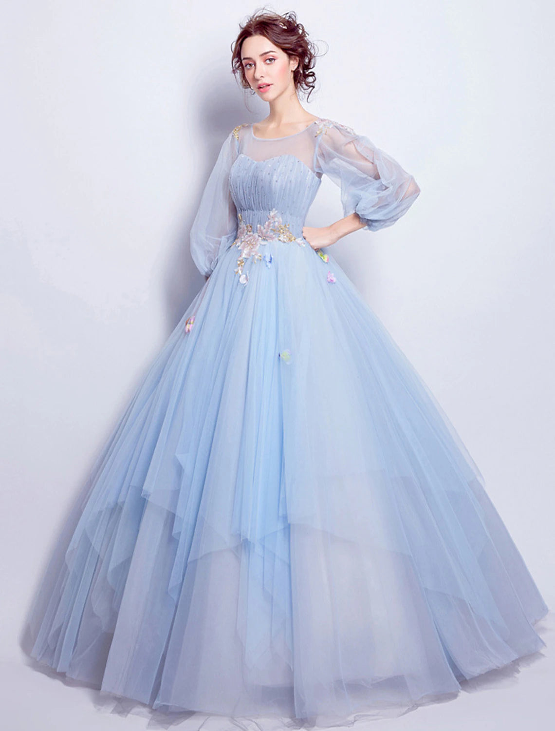 Elegant ball dress for adult engagement ground length 3/4 long sleeved Phantom neckline sheer with pleated stickers
