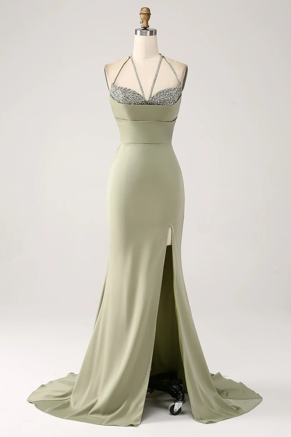 Premium color slim fit pistachio V-neck beaded long slit ball dress
