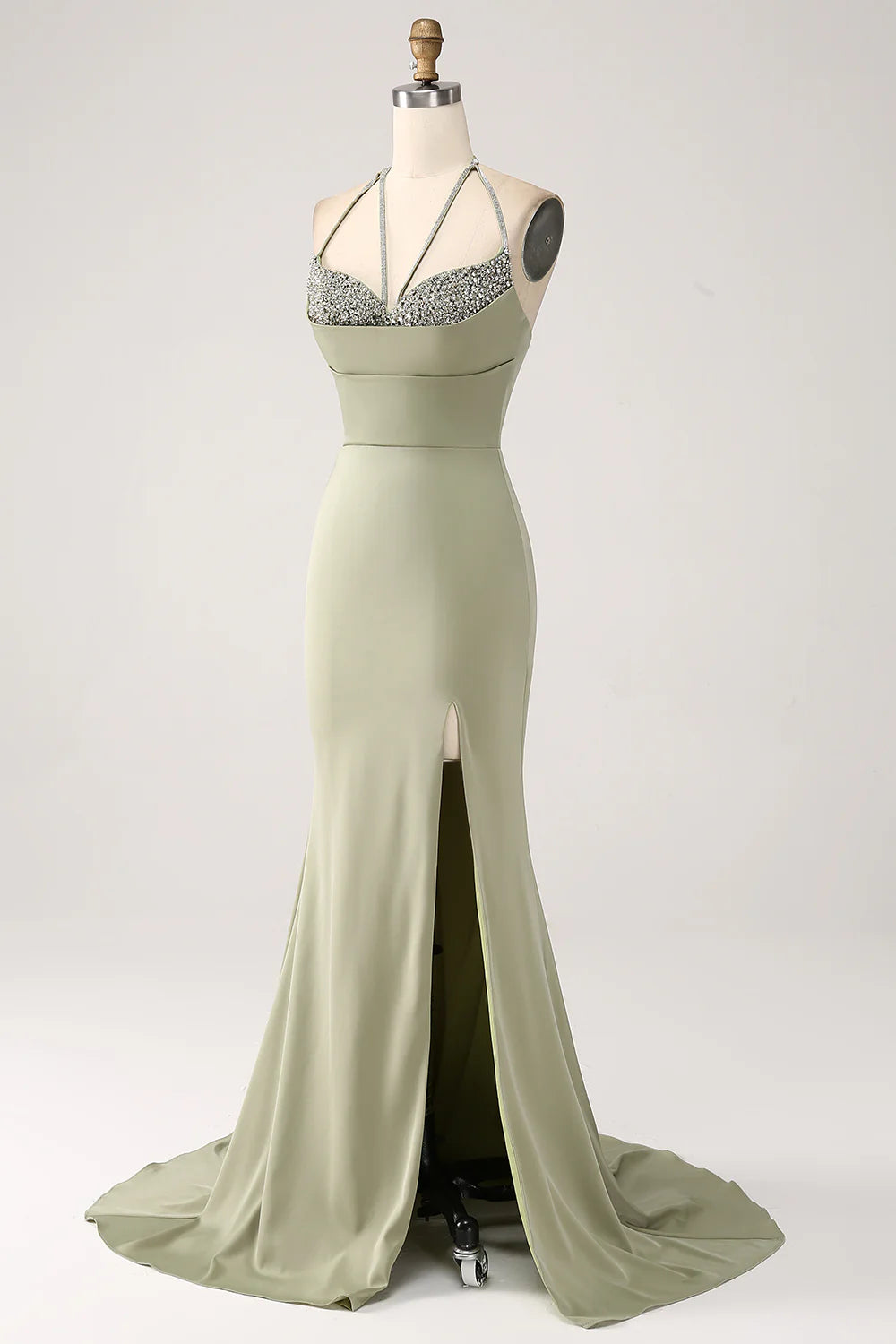 Premium color slim fit pistachio V-neck beaded long slit ball dress