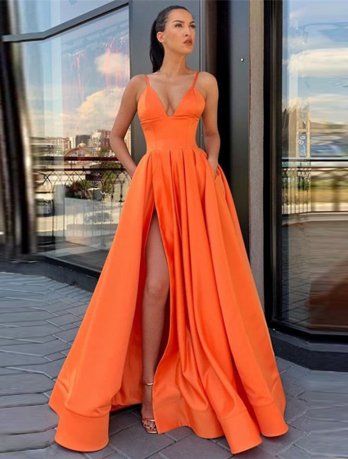 A-shaped black dress ball dress high slit evening dress day and summer dress thin shoulder strap sleeveless sweeping/brush trailing satin pleats