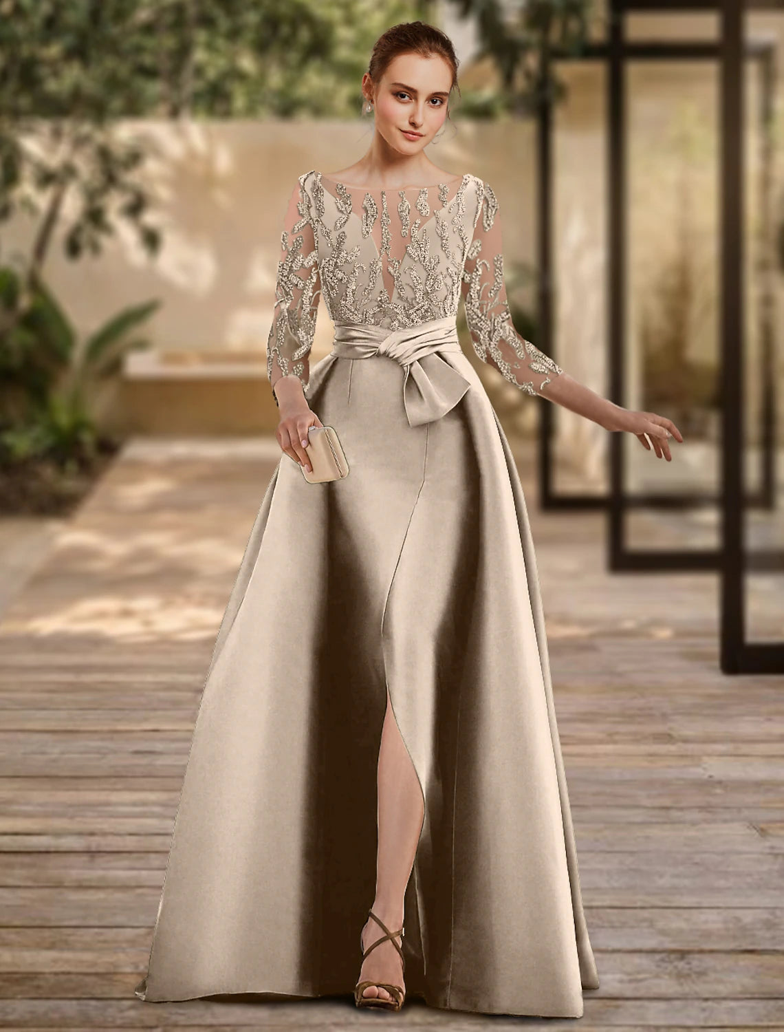 A-line backless evening dress formal wedding guests floor length 3/4 long sleeved low round neckline lace with slit and tie up