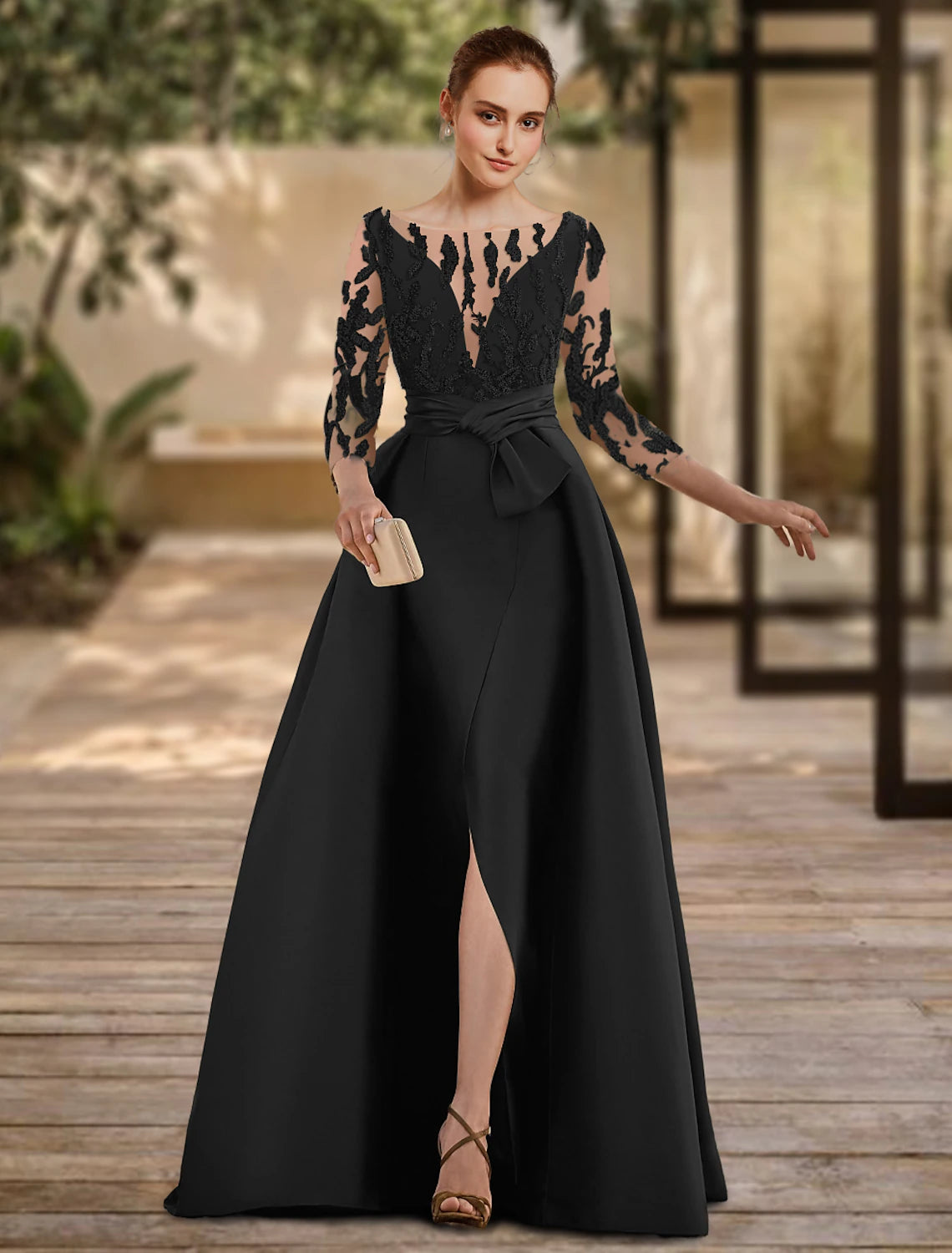 A-line backless evening dress formal wedding guests floor length 3/4 long sleeved low round neckline lace with slit and tie up