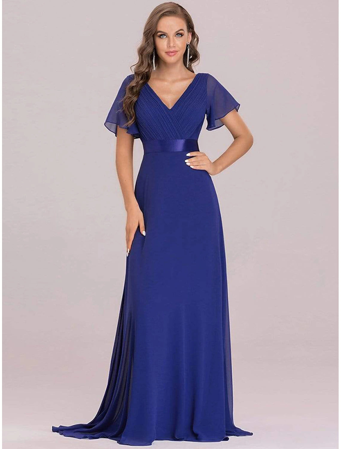 A-line Party Evening Dress Wedding Guest Long Short Sleeve V-Neck Bridesmaid Dress Chiffon V-Strap Ruffle Edge