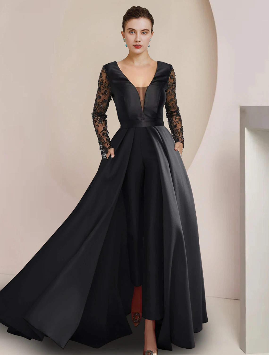 Jumpsuit bride's mother wedding guests elegant party V-neck to floor length satin lace ribbon and decal