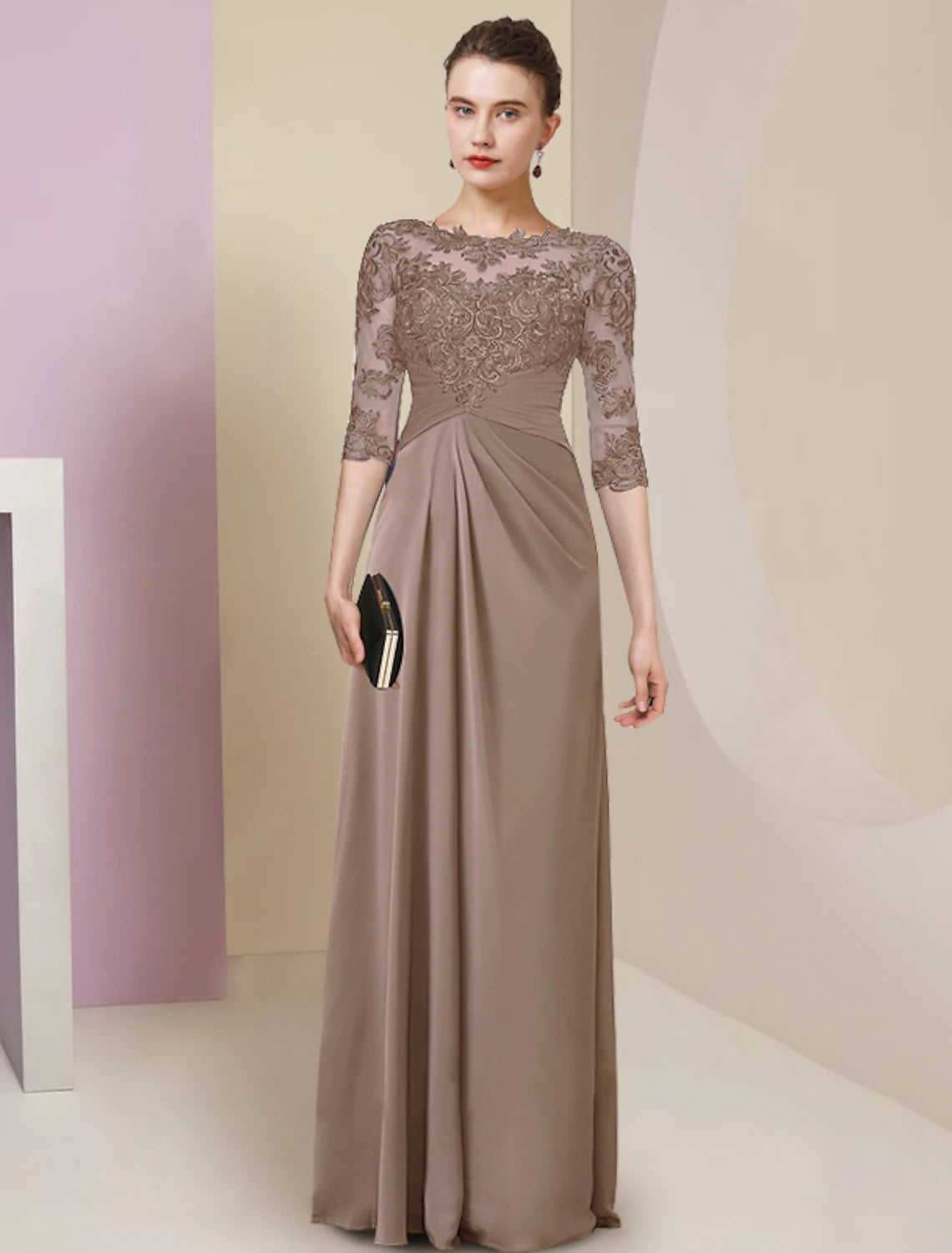 Set column bride mother dress elegant, simple and generous jewelry collar and floor length chiffon lace half sleeve pleated solid color