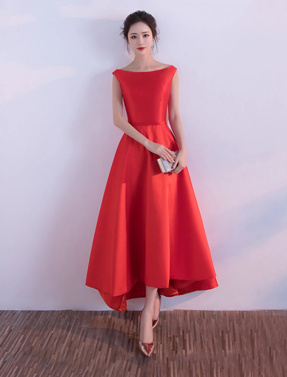 A-line Evening Dress Wedding Guest Party Asymmetric Sleeveless Jewel Neck Satin Fashion