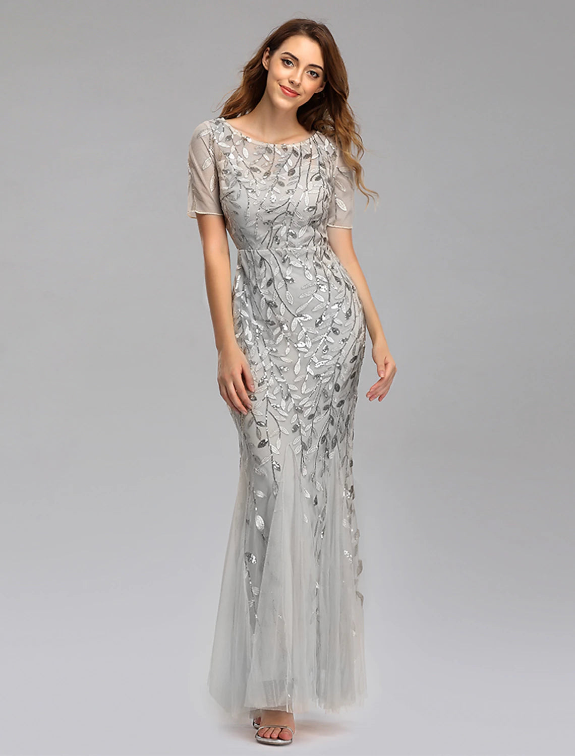 Mermaid Evening Dress Ball and Floor Length Short sleeved Jewelry Collar Autumn Wedding Guests Embroidered Thin Gauze