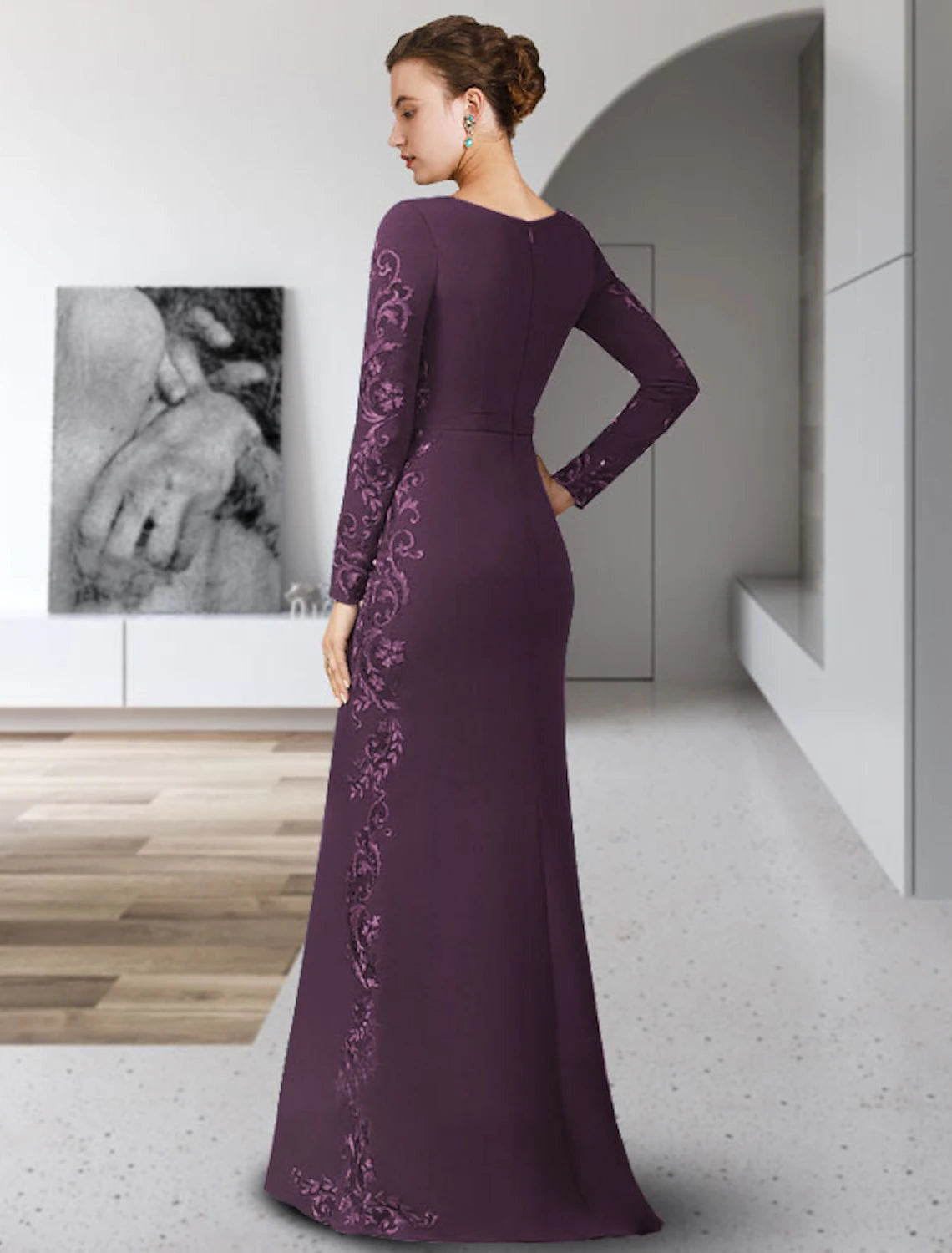 Sheath Column Bride Mother Dress Formal Wedding Guest Party Low Round Neck to Floor Length Chiffon Lace Belt Ribbon Applique