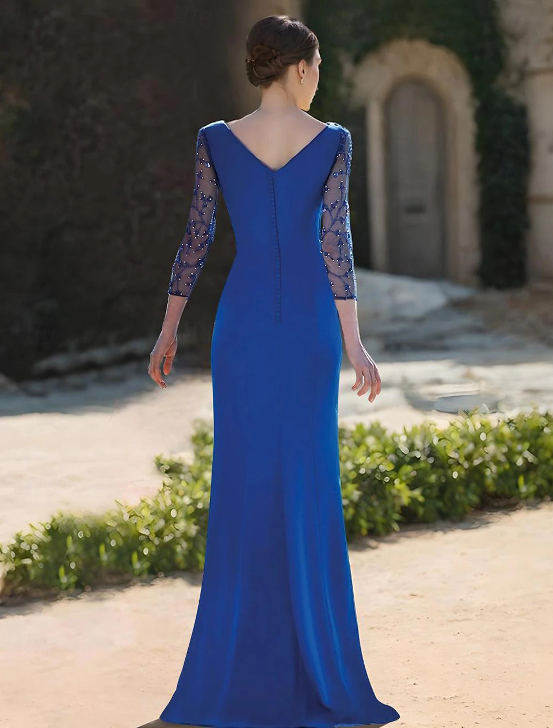 Tight Column Wedding Guests Generous and Elegant Dress Formal Wedding Guests Floor length 3/4 Long Sleeves V-Neck Elastic Belt Folded Bead Decoration