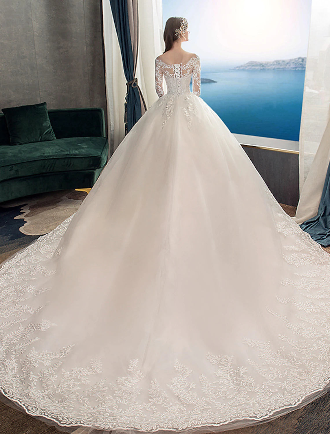 Engagement formal wedding ball dress Phantom collar long sleeved lace bridal dress with pleated stickers