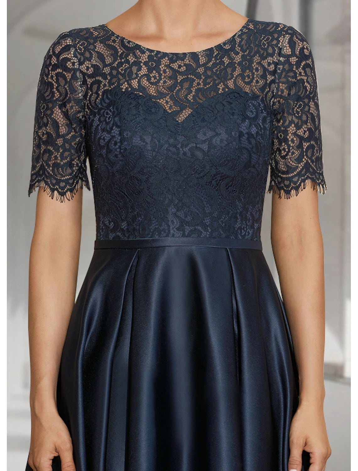Bride Mom Dress Wedding Guests High and Low Spoon Neckline Asymmetric Tea Long Satin Lace Short Sleeves with Folds