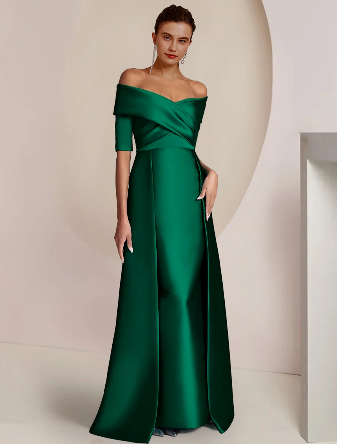 Pillar Set Bride Mom Dress Formal Wedding Guest Party Off the Shoulder Floor Long Satin with Ruffles