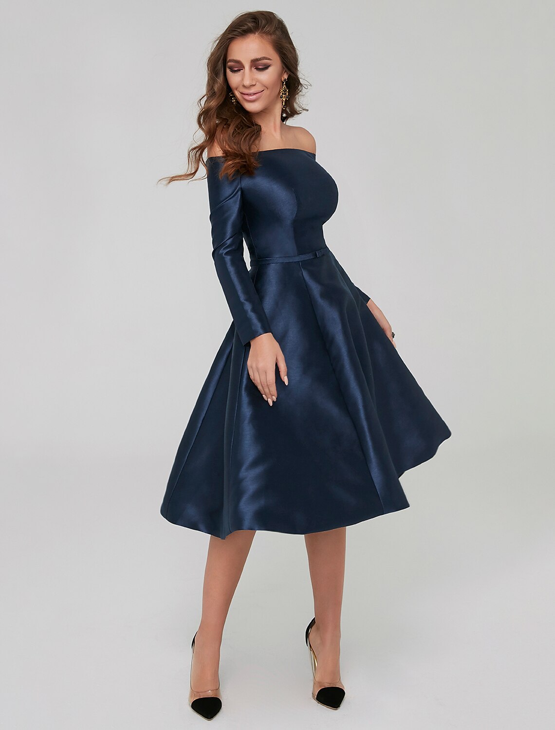 A-line elegant dress wedding guests cocktail party knee length long sleeved off shoulder satin pleats