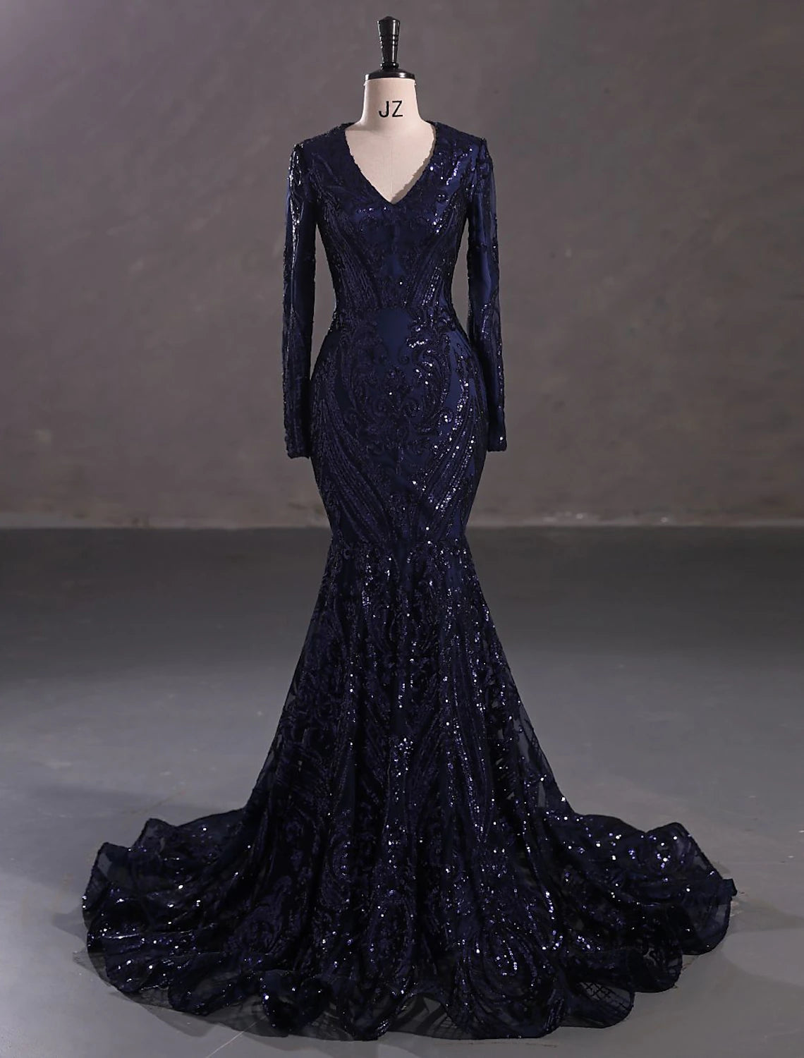 Mermaid Loudspeaker Elegant Evening Dress Carnival Long sleeved V-neck African American Lace with Sequins