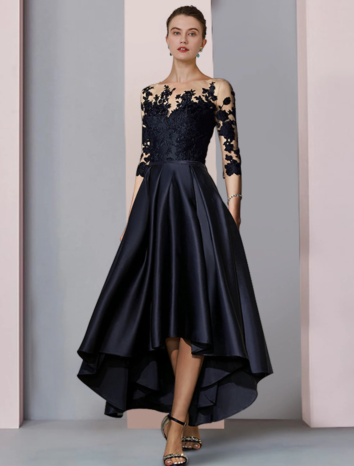 A-shaped Bride Mom Formal Dress Wedding Elegant High Low Spoon Neck Asymmetric Tea Length Satin Lace 3/4 Long Sleeves with Folded Stickers