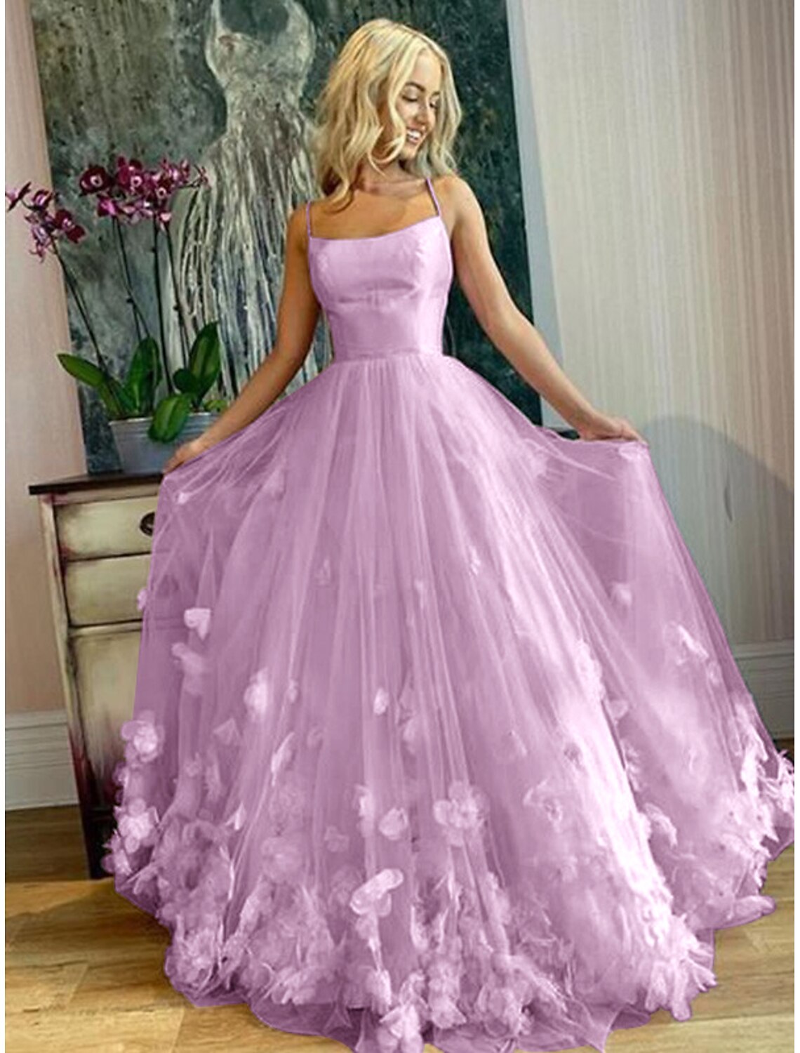 A-shaped ball party dress floral dress sweet long sleeveless thin shoulder strap pleated sticker sheer