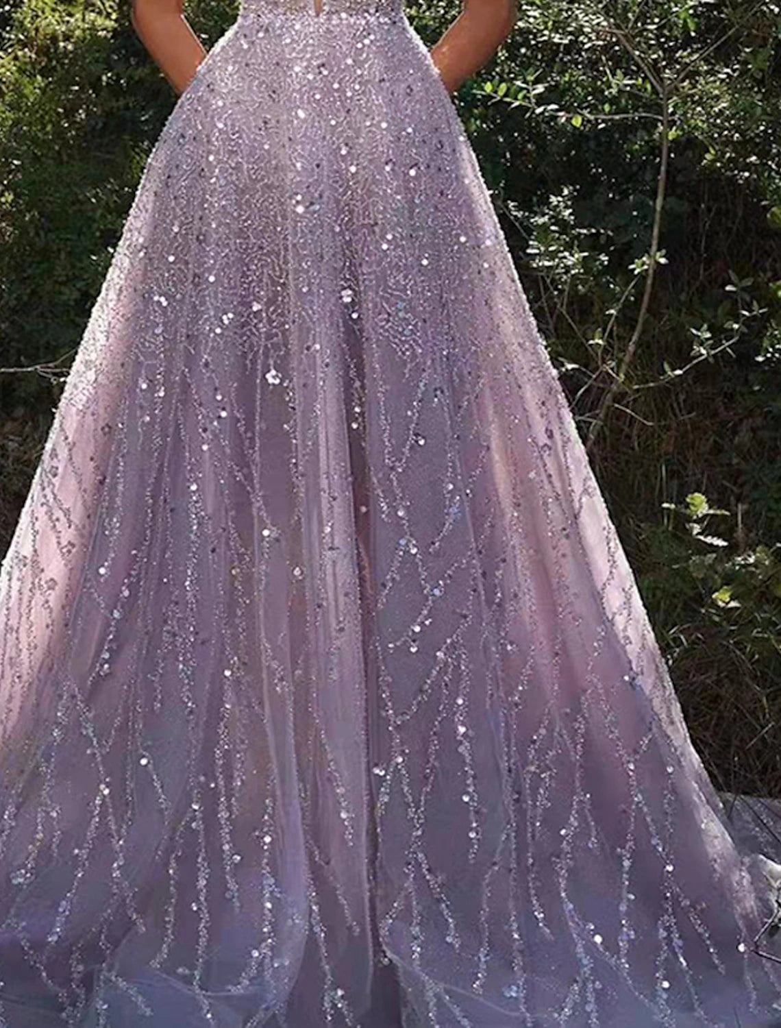 A-shaped ball sparkling dress formal wedding party floor length sleeveless V-neck sequin backless