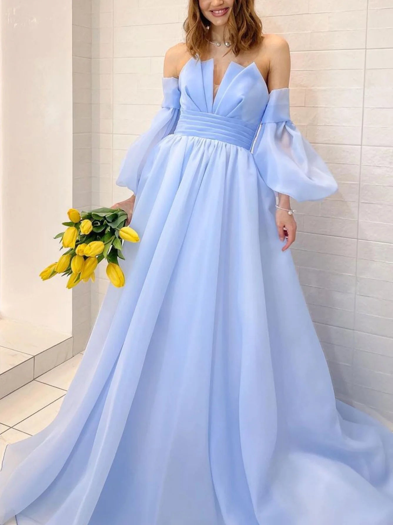 Aline Organza blue long prom dress puff sleeves blue long formal prom dress