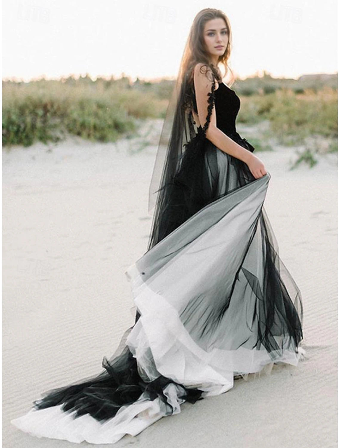 Beach Bohemian style black wedding dress with square neck, thin shoulder strap, sleeveless lace, bride dress with sticker pattern