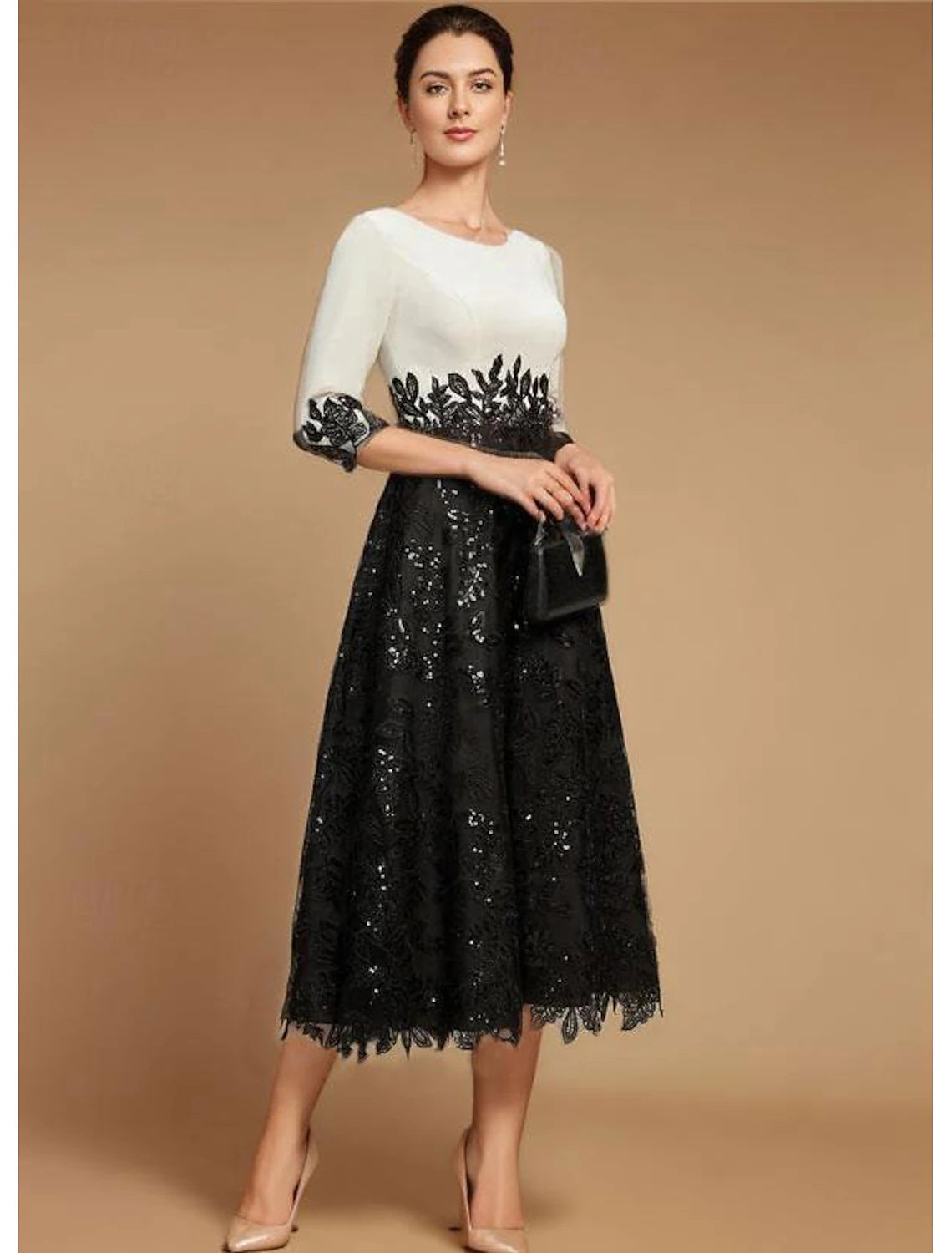 A-line Bride Mom Dress Wedding Guest Vintage Etiquette Jewel Neck Tea Long Lace Half Sleeve Lace Color Block