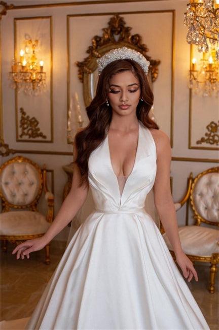Ivory A-line V-neck Sleeveless Satin Wedding Dresses