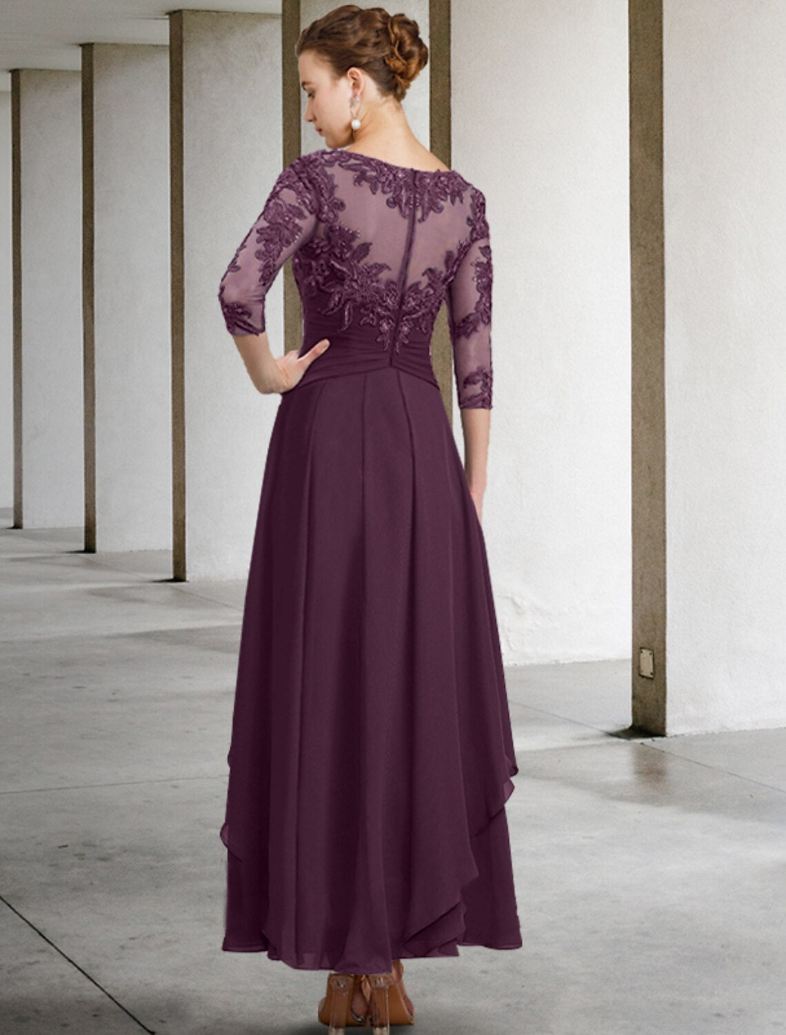 A-shaped Bride Mom Dress Wedding Guests Elegant and Minimalist Jewelry Collar and Ankle Chiffon Lace 3/4 Long Sleeves with Folded Sequin Stickers