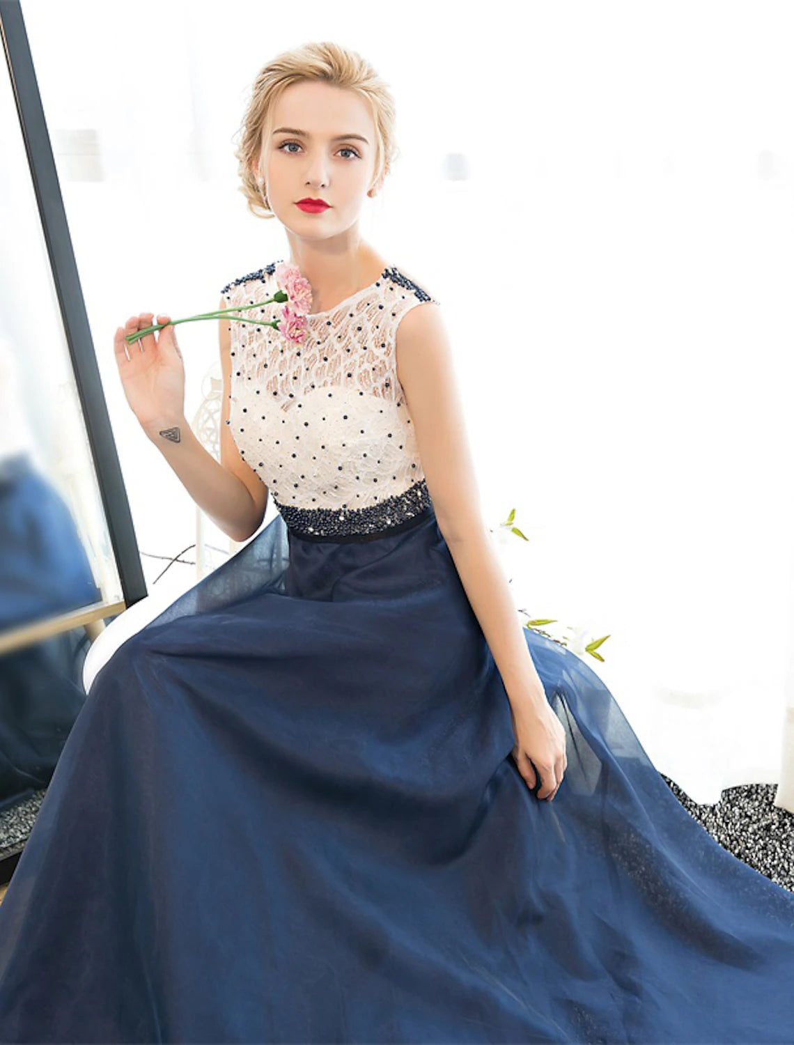 A-line Elegant Wedding Guest Ball Dress with Floor Length Sleeveless Phantom Neckline Lace Beads