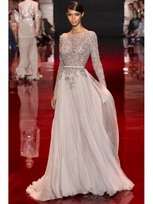 A-line Princess High Neck Long Sleeve Applique Dyed Chiffon Dress