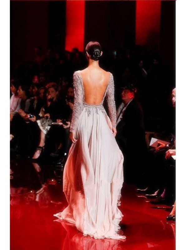 A-line Princess High Neck Long Sleeve Applique Dyed Chiffon Dress