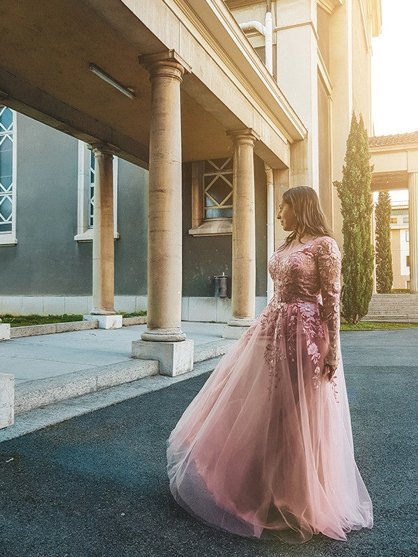 A-line skirt sweet princess tulle inlaid long sleeved V-neck floor dress