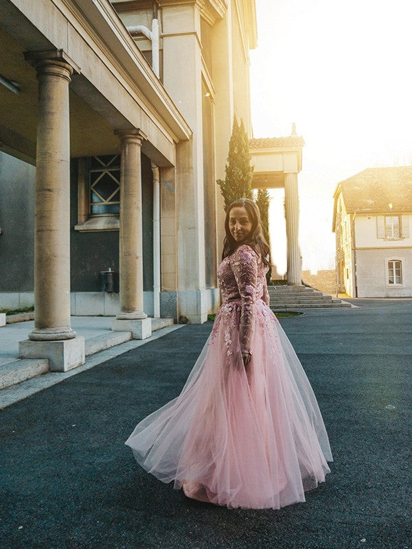 A-line skirt sweet princess tulle inlaid long sleeved V-neck floor dress
