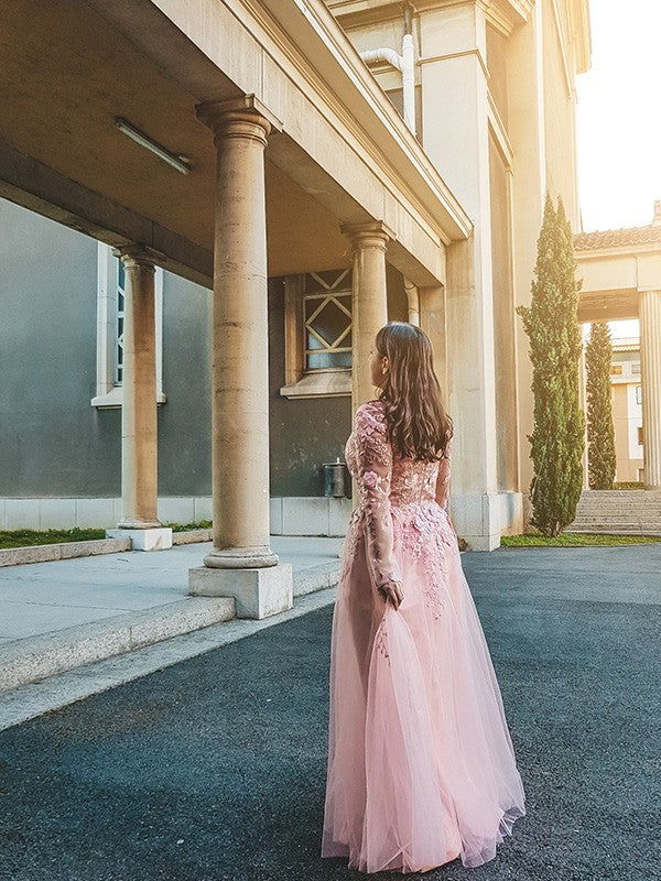A-line skirt sweet princess tulle inlaid long sleeved V-neck floor dress