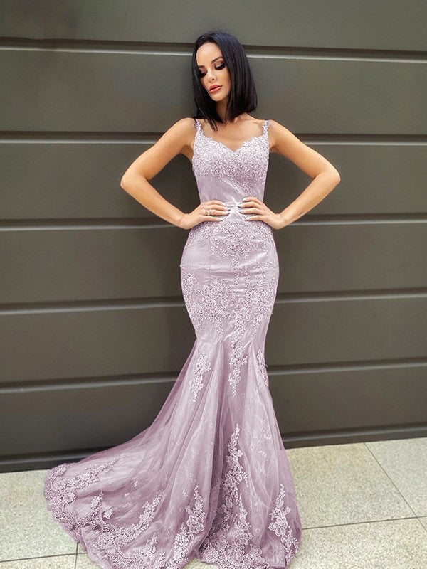 Loudspeaked Mermaid Sleeveless Sweeping Collar Applique Thin Veil V-neck Dress