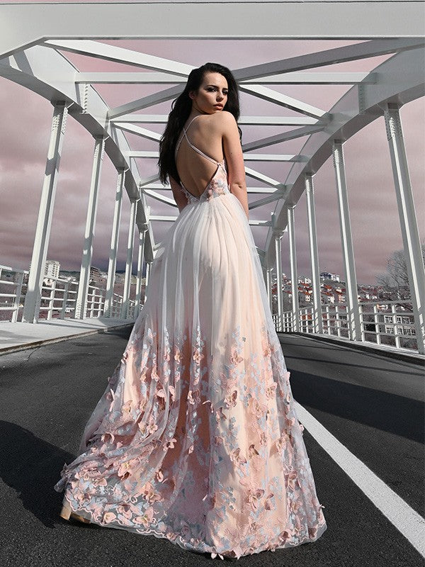 Elegant Princess Tulle Floor mopping V-neck Sleeveless Applique Dress