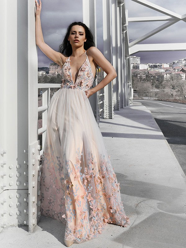 Elegant Princess Tulle Floor mopping V-neck Sleeveless Applique Dress