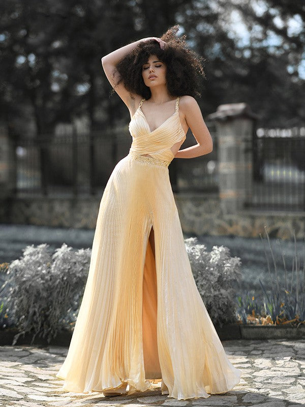 A-line sweet princess ruffled top satin sleeveless V-neck dress