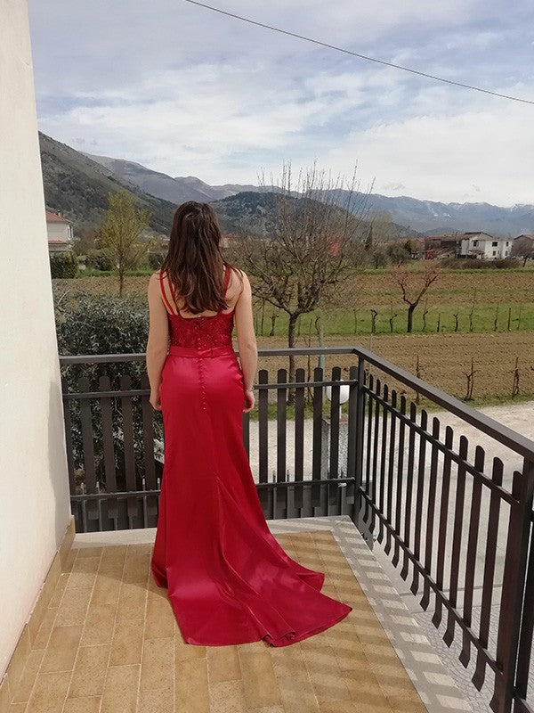 Trumpet mermaid shaped elastic woven satin spaghetti strap sleeveless dress
