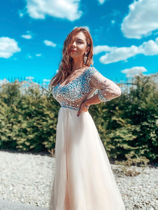 A-line Princess Pearl sheer floor mopping sexy V-neck long sleeved dress
