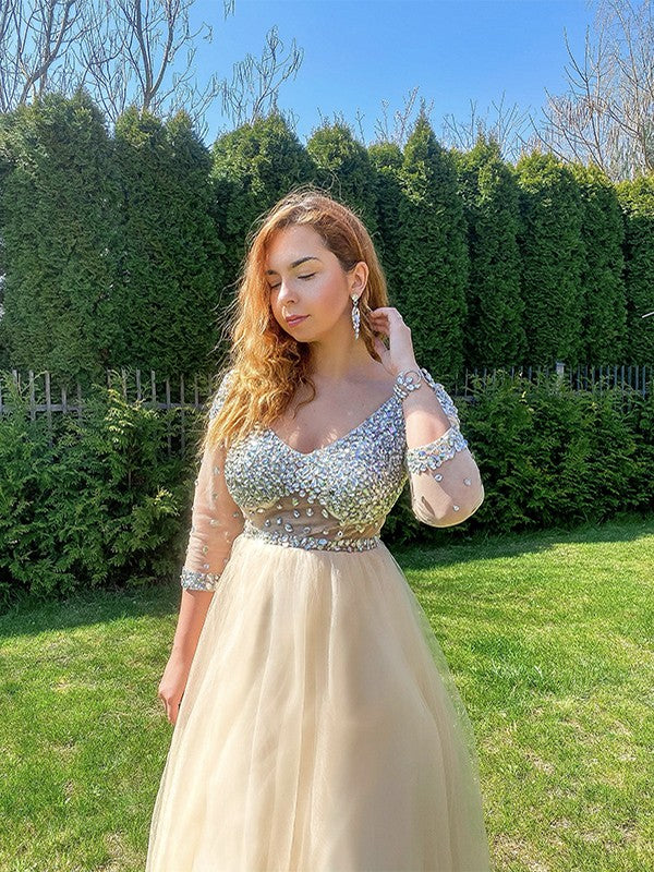 A-line Princess Pearl sheer floor mopping sexy V-neck long sleeved dress
