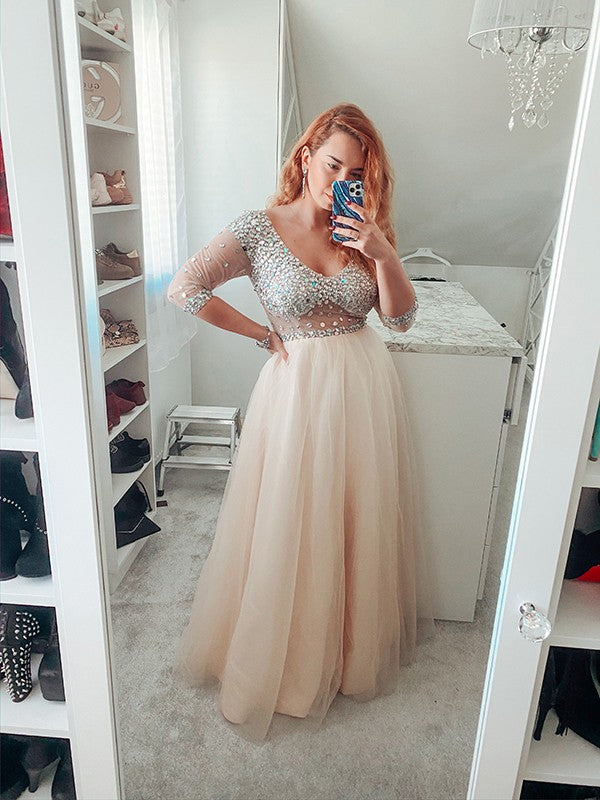 A-line Princess Pearl sheer floor mopping sexy V-neck long sleeved dress