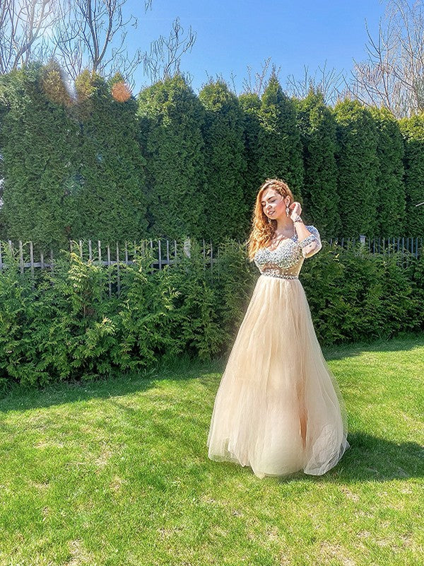 A-line Princess Pearl sheer floor mopping sexy V-neck long sleeved dress