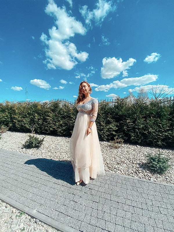 A-line Princess Pearl sheer floor mopping sexy V-neck long sleeved dress