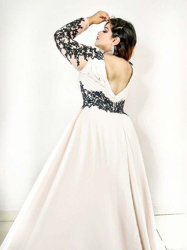 Princess V-neck decal floor mopping chiffon long sleeved plus size dress