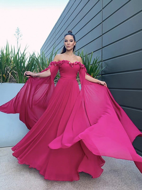 A-line Elegant Princess Chiffon Floor mopping Long sleeved Ruffle Edge Off the Shoulder Dress