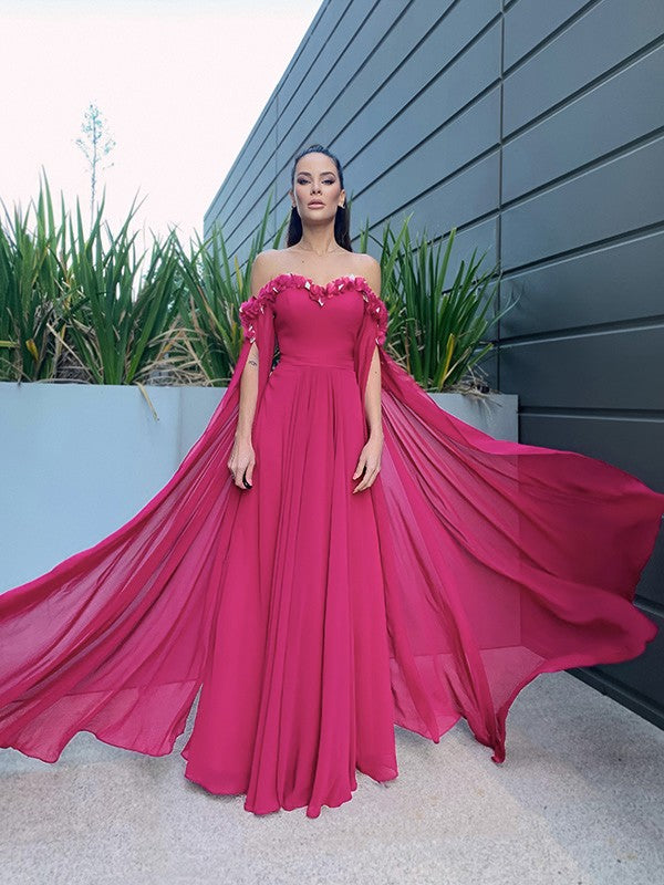A-line Elegant Princess Chiffon Floor mopping Long sleeved Ruffle Edge Off the Shoulder Dress