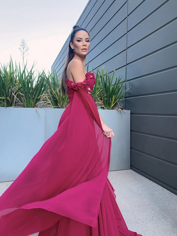 A-line Elegant Princess Chiffon Floor mopping Long sleeved Ruffle Edge Off the Shoulder Dress