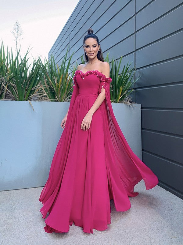 A-line Elegant Princess Chiffon Floor mopping Long sleeved Ruffle Edge Off the Shoulder Dress