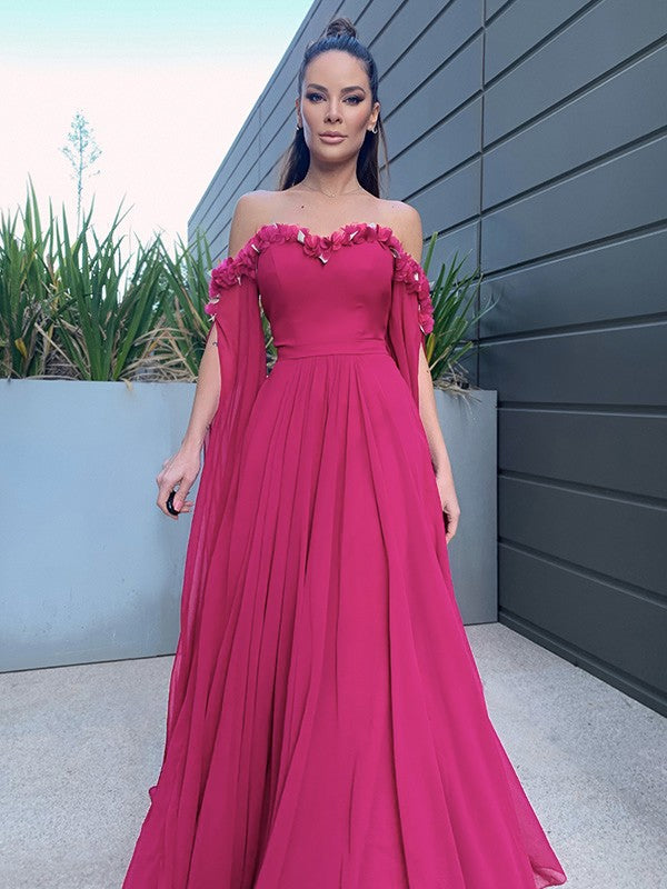 A-line Elegant Princess Chiffon Floor mopping Long sleeved Ruffle Edge Off the Shoulder Dress